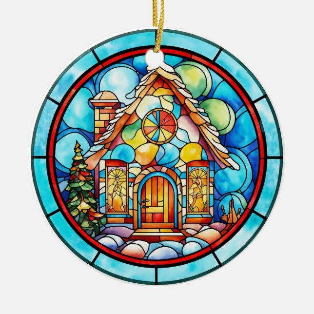 Christmas gingerbread house  stained glass style ceramic ornament (Front)