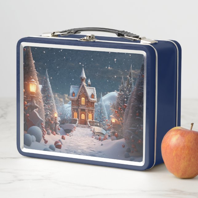 Christmas Gingerbread House Starry Night Metal Lunch Box (In Situ)