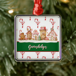 Christmas Gingerbread House Village Add Your Name Metal Ornament