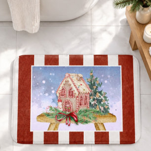 Christmas Gingerbread House Watercolor Bath Mat
