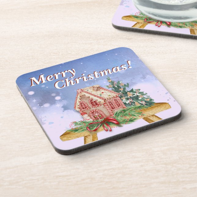 Christmas Gingerbread House Watercolor Beverage Coaster (Left Side)