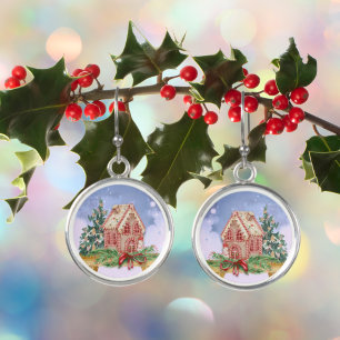 Christmas Gingerbread House Watercolor Earrings