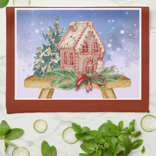 Christmas Gingerbread House Watercolor  Kitchen Towel