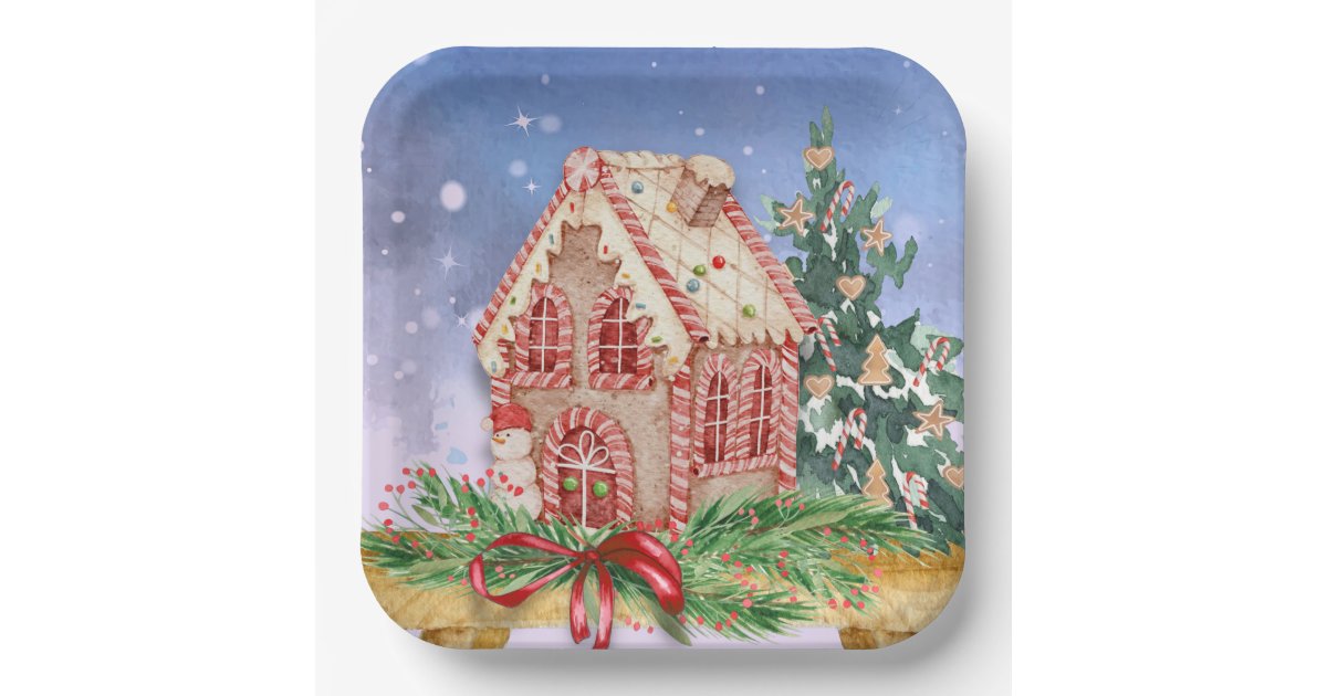 Christmas Gingerbread House Watercolor Paper Plates | Zazzle
