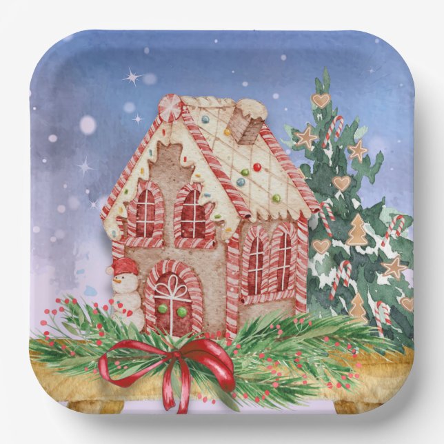 Christmas Gingerbread House Watercolor Paper Plates (Front)