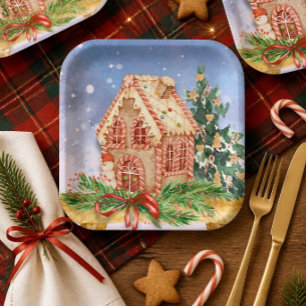 Christmas Gingerbread House Watercolor Paper Plates