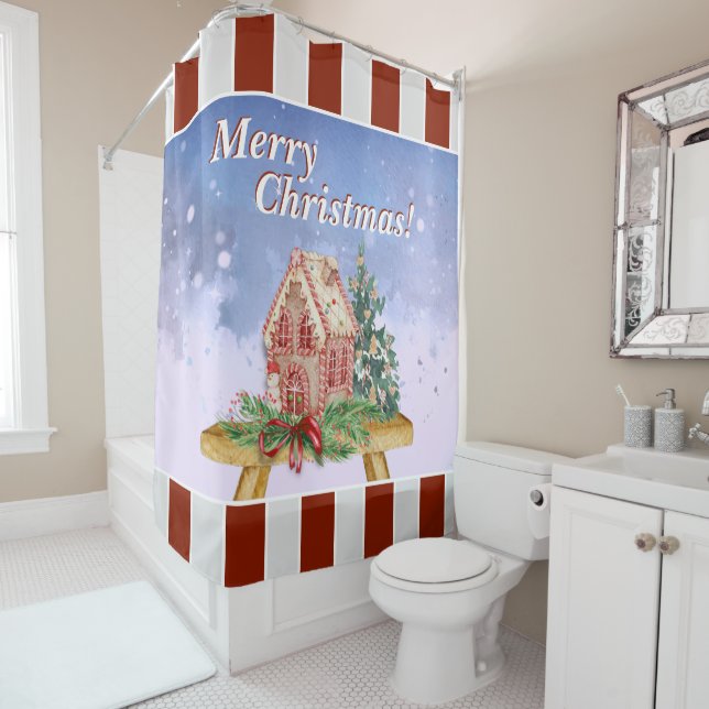 Christmas Gingerbread House Watercolor Shower Curtain (In Situ)