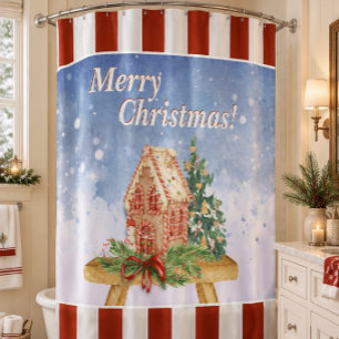 Christmas Gingerbread House Watercolor Shower Curtain