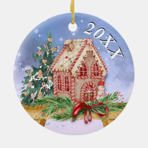 Christmas Gingerbread House Watercolor Year Ceramic Ornament