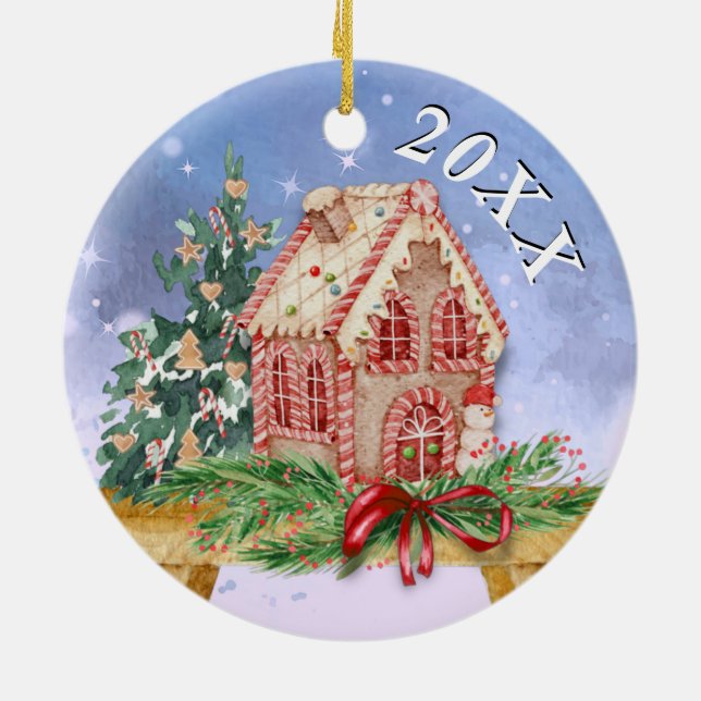 Christmas Gingerbread House Watercolor Year Ceramic Ornament (Back)