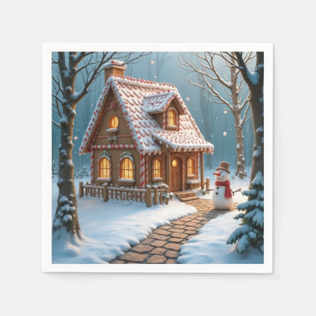 Christmas Gingerbread House With a Snowman  Napkins (Front)