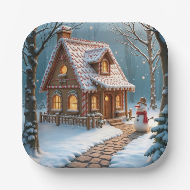 Christmas Gingerbread House With a Snowman  Paper Plates (Front)