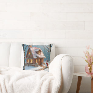 Christmas Gingerbread House With a Snowman  Throw Pillow