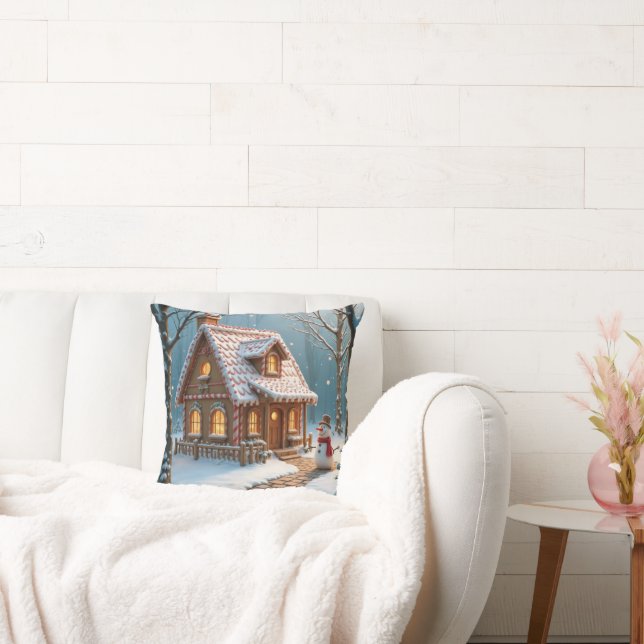 Christmas Gingerbread House With a Snowman  Throw Pillow (Couch)