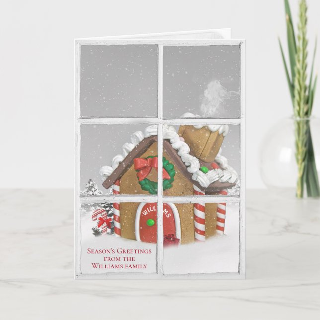 Christmas gingerbread house with family name holiday card (Front)