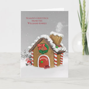 Christmas gingerbread house with family name holiday card