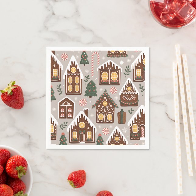 Christmas Gingerbread Houses Holiday Pattern Napkins (Insitu)