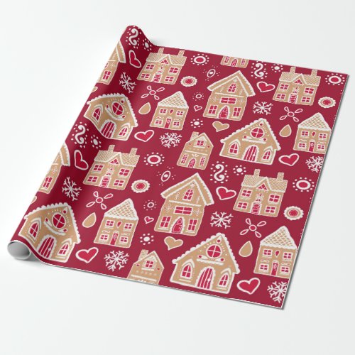 Christmas Gingerbread Houses on Red Wrapping Paper