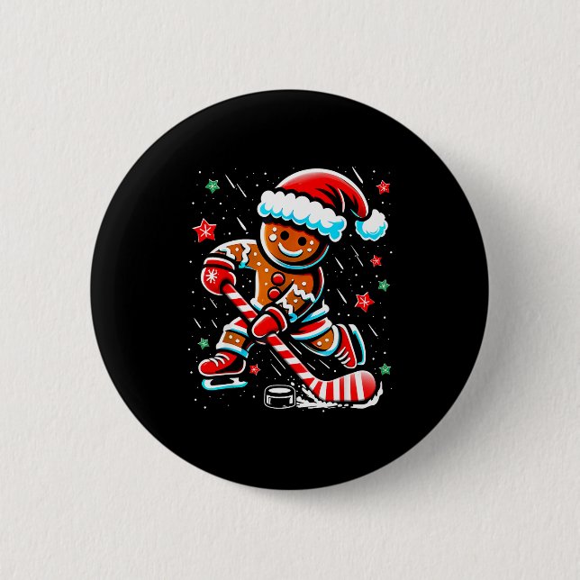 Christmas Gingerbread Ice Hockey Srts Funny Xmas P Button (Front)