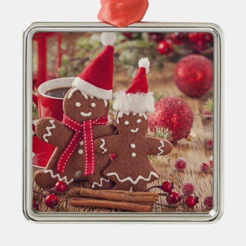 Christmas Gingerbread Man And Hot Drink Metal Ornament