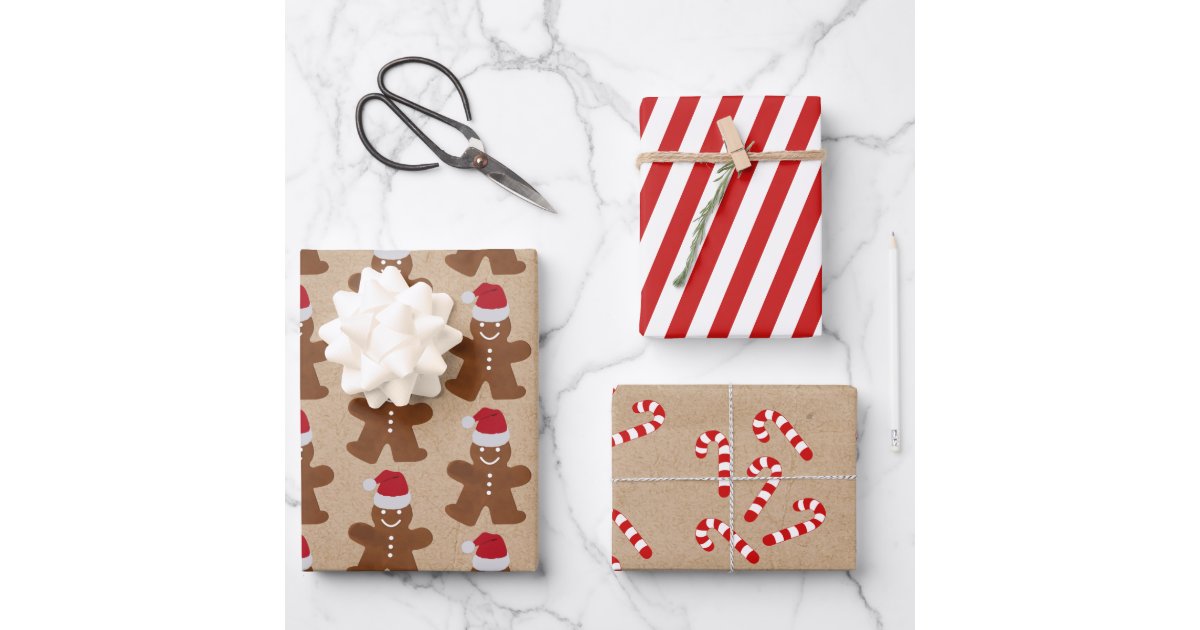 Christmas Gingerbread Man Cookies & Candy Stripes Wrapping Paper Sheets |  Zazzle