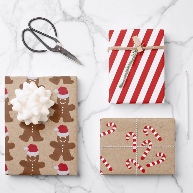 Christmas Gingerbread Man Cookies & Candy Stripes Wrapping Paper Sheets (Front)