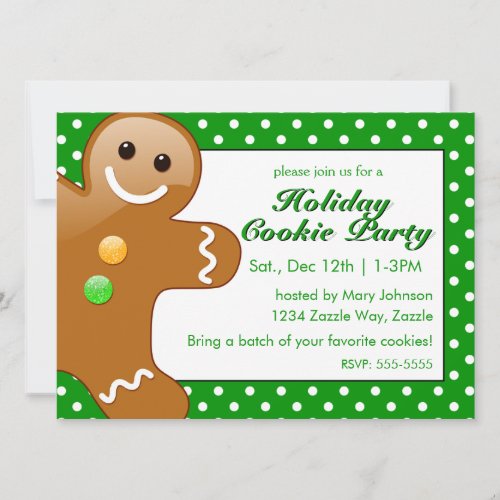 Christmas Gingerbread Man GreenWhite Polka Dots Invitation