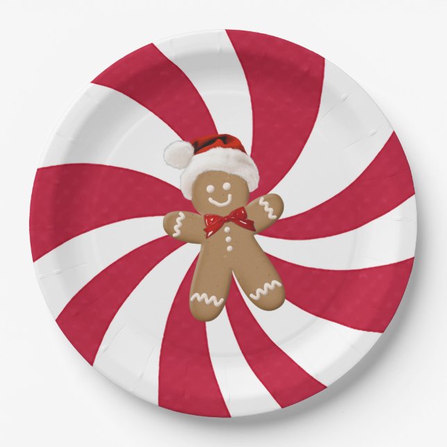 Christmas Gingerbread Man on Peppermint Paper Plates (Front)