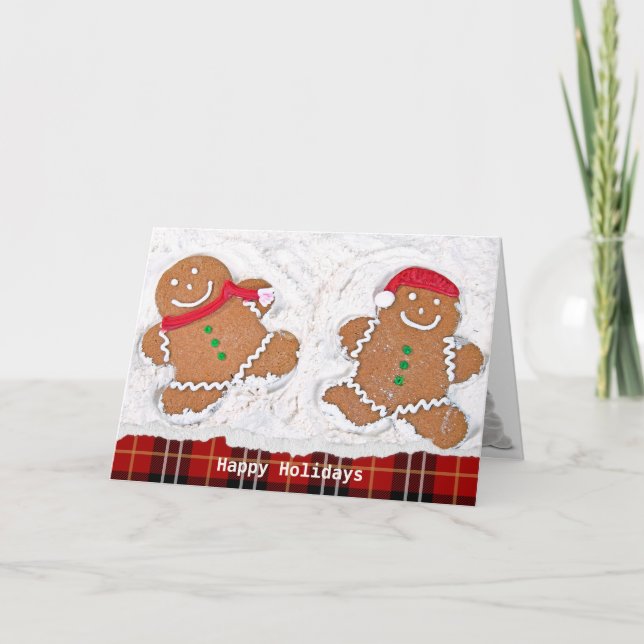 Christmas gingerbread man snow angels with plaid holiday card (Front)