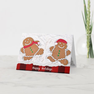 Christmas Gingerbread Man snow angels with plaid Holiday Card