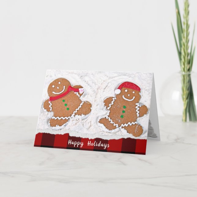 Christmas Gingerbread Man snow angels with plaid Holiday Card (Front)