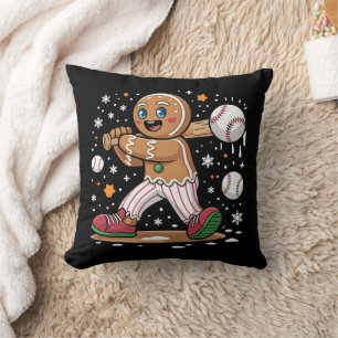 Christmas Gingerbread Man Sports Player Baseball Throw Pillow