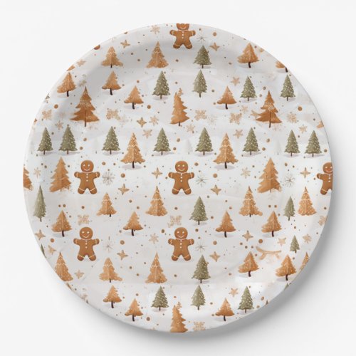 Christmas Gingerbread Men and Snowflakes Paper Plates