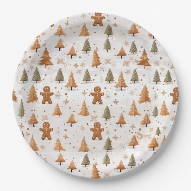 Christmas Gingerbread Men and Snowflakes Paper Plates (Front)