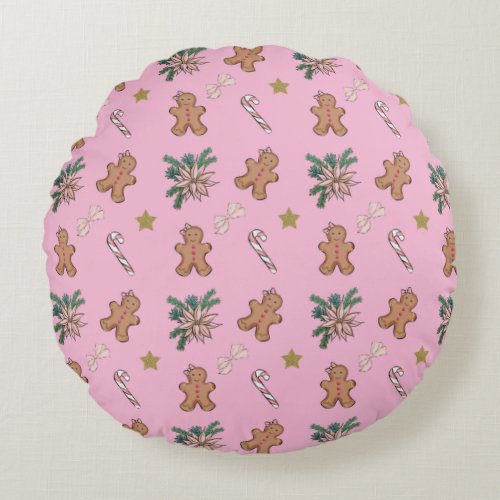 Christmas Gingerbread men Bows and Candy canes Round Pillow