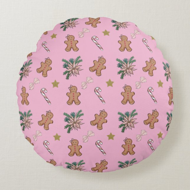 Christmas Gingerbread men, Bows and Candy canes Round Pillow (Front)