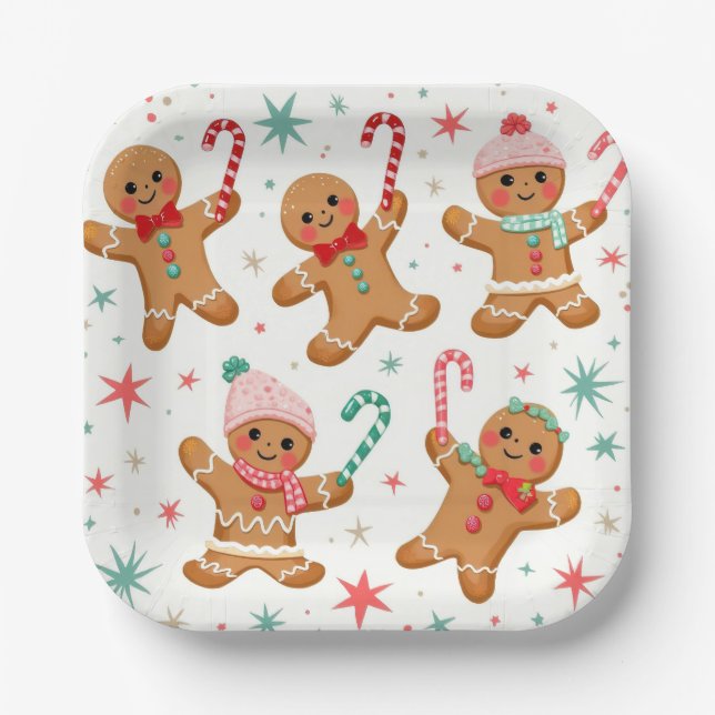 Christmas Gingerbread Men Holding Candy Canes Paper Plates (Front)