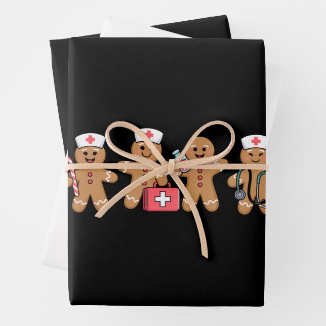 Christmas Gingerbread Nurse Team Crew Gifts Wrapping Paper Sheets (In situ)