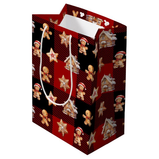 Christmas Gingerbread On Buffalo Plaid Medium Gift Bag (Back Angled)