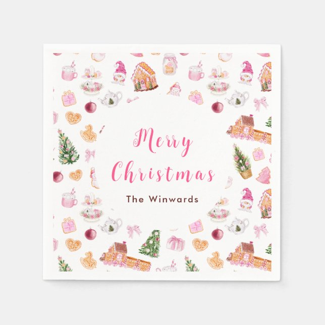 Christmas Gingerbread Pink Merry Christmas Napkins (Front)