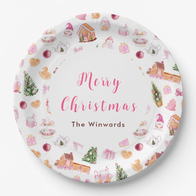 Christmas Gingerbread Pink Merry Christmas Paper Plates (Front)