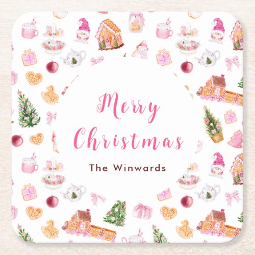 Christmas Gingerbread Pink Merry Christmas Square Paper Coaster