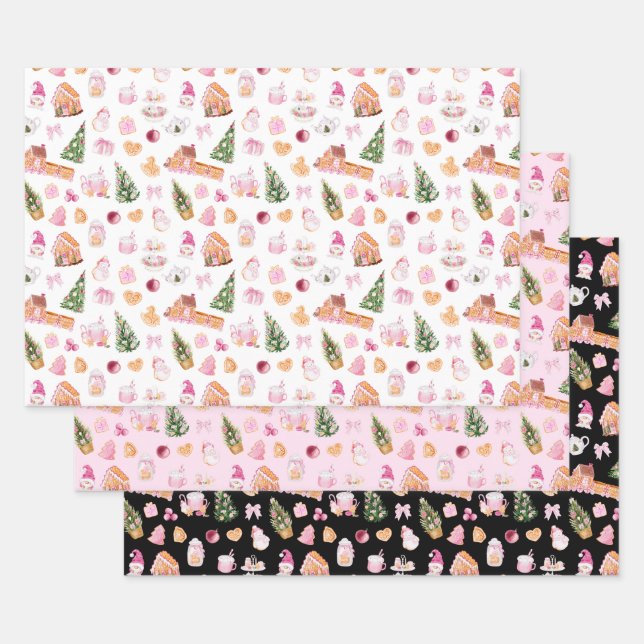 Christmas Gingerbread Pink Wrapping Paper Sheets (Set)