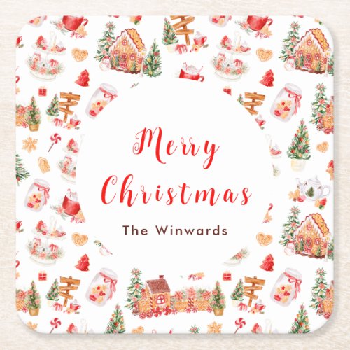 Christmas Gingerbread Red Merry Christmas Square Paper Coaster