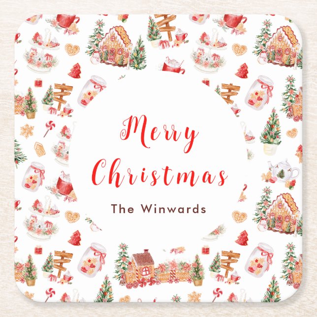 Christmas Gingerbread Red Merry Christmas Square Paper Coaster (Front)