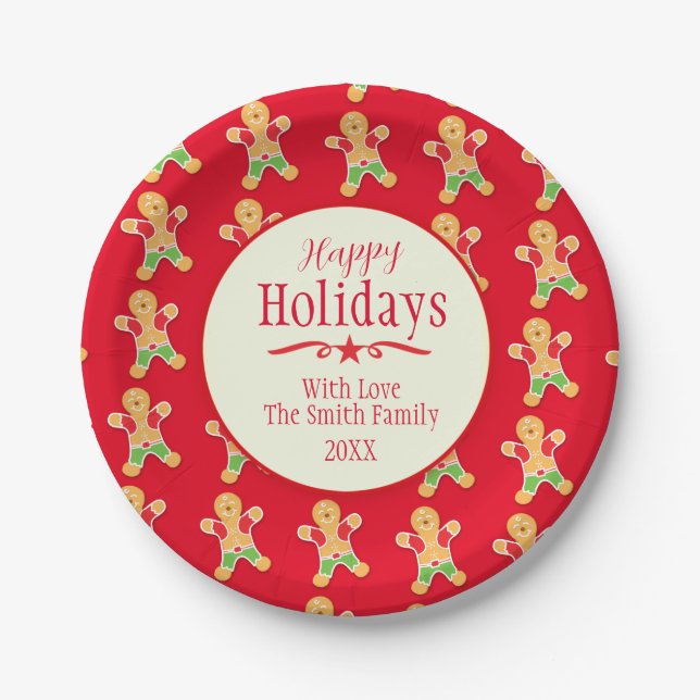 Christmas gingerbread red name holiday paper plate (Front)
