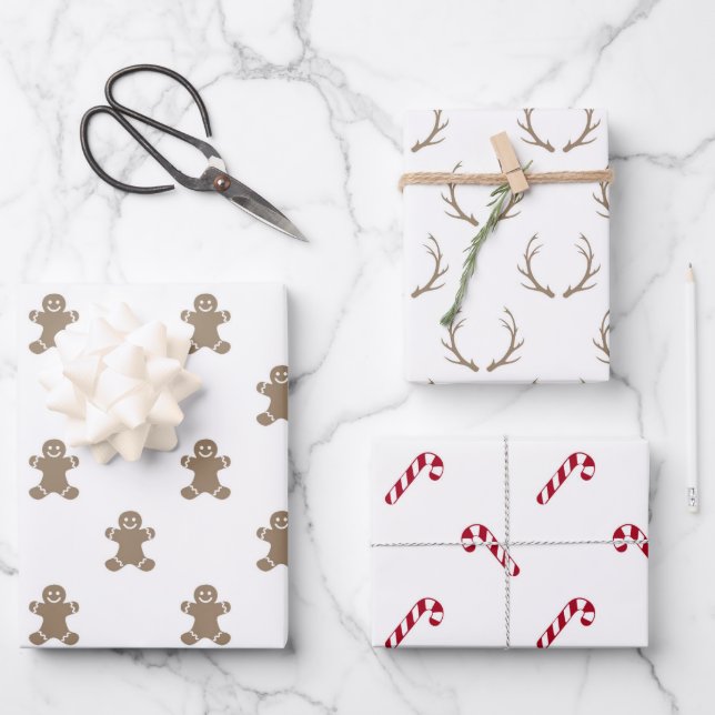 Christmas Gingerbread Reindeer Red Candy Canes Wrapping Paper Sheets (Front)