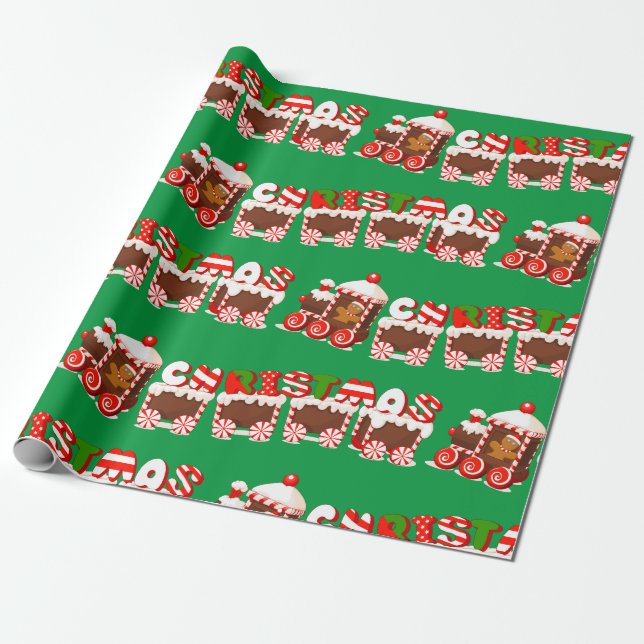Christmas Gingerbread Train Wrapping Paper (Unrolled)