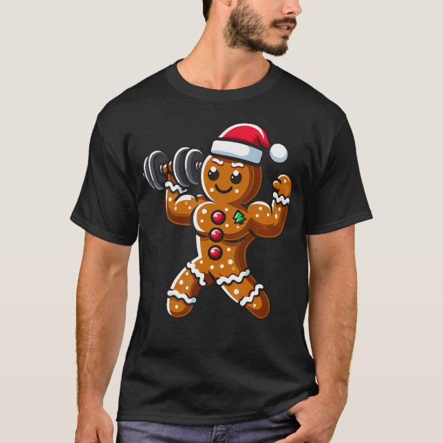 Christmas Gingerbread Weightlifting Man Workout Bo T-Shirt (Front)