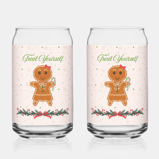 Christmas Gingerbread Woman And Bows Can Glass